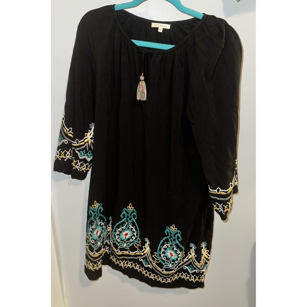 Kate & Sam Boho Dress Embroidered Tassels 3/4 Bell Sleeves Black Sz Large Hippie